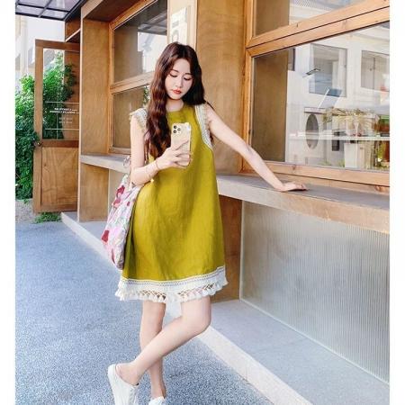 BY23413# 蕾丝边拼接黄色无袖连衣裙女夏新款小个子超火绝美a字短裙 服裝批發女裝批發服飾貨源