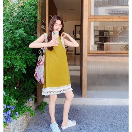 BY23413# 蕾丝边拼接黄色无袖连衣裙女夏新款小个子超火绝美a字短裙 服裝批發女裝批發服飾貨源