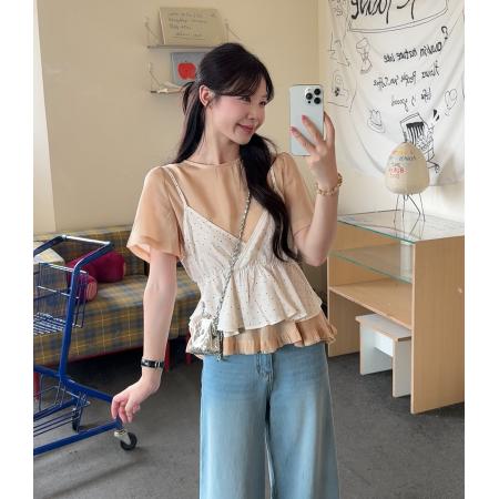 BY23427# 大码胖mm洋气设计感短袖上衣波点吊带叠穿遮肉两件套 服裝批發女裝批發服飾貨源