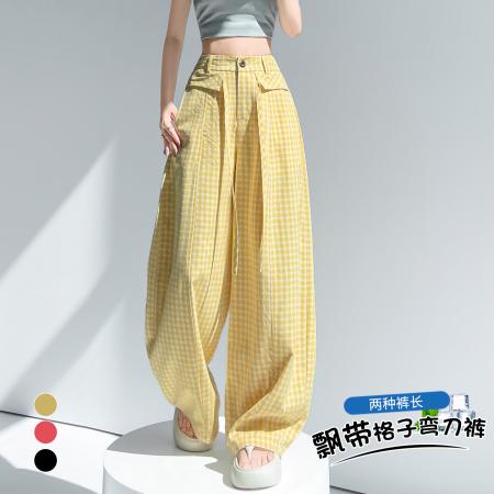 BY23436# 格子弯刀裤女夏季新款松弛感高腰宽松慵懒风休闲阔腿裤 服裝批發女裝批發服飾貨源