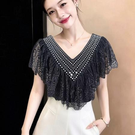 BY23440# 夏季新款v领蕾丝花边拼接无袖上衣女优雅荷叶边烫钻棉质透气T恤 服裝批發女裝批發服飾貨源