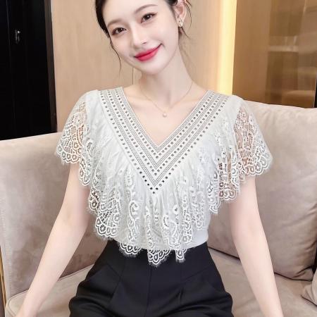 BY23440# 夏季新款v领蕾丝花边拼接无袖上衣女优雅荷叶边烫钻棉质透气T恤 服裝批發女裝批發服飾貨源