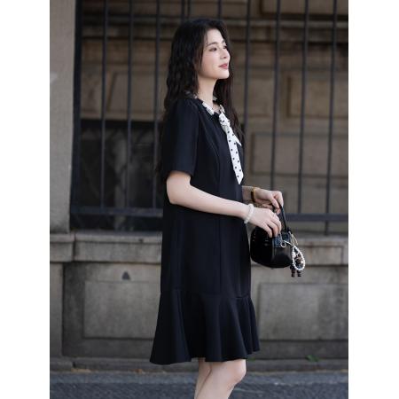 BY23445# 夏新款波点飘带连衣裙收腰赫本风气质小黑裙 服裝批發女裝批發服飾貨源
