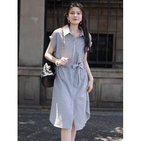 BY23446# 格子衬衫连衣裙女夏新款系带收腰显瘦裙子 服裝批發女裝批發服飾貨源