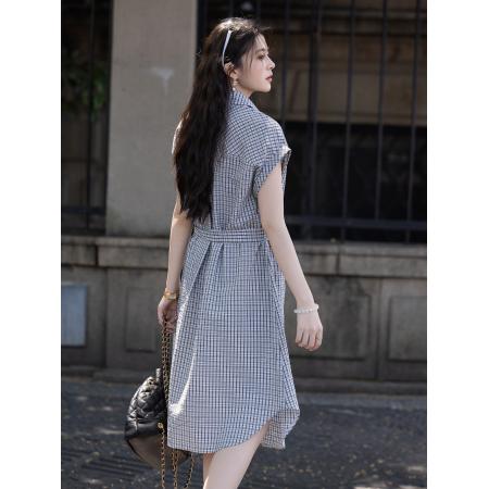 BY23446# 格子衬衫连衣裙女夏新款系带收腰显瘦裙子 服裝批發女裝批發服飾貨源