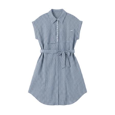 BY23446# 格子衬衫连衣裙女夏新款系带收腰显瘦裙子 服裝批發女裝批發服飾貨源