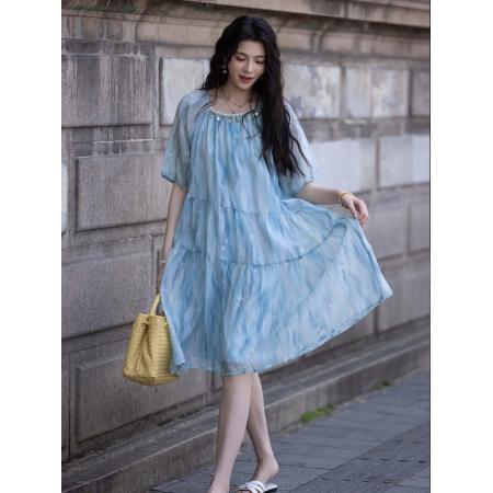 BY23449# 印花雪纺连衣裙女夏季新款宽松裙子 服裝批發女裝批發服飾貨源