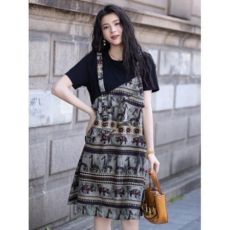BY23454# 假两件印花拼接连衣裙夏季洋气短袖雪纺裙 服裝批發女裝批發服飾貨源