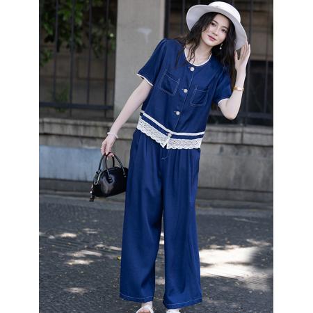 BY23458# 夏装牛仔套装女士夏季短袖上衣服洋气优雅两件套 服裝批發女裝批發服飾貨源