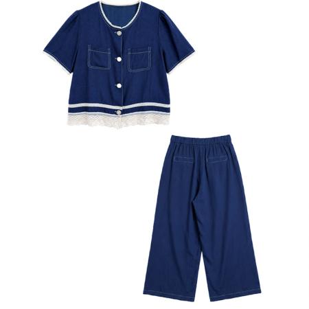 BY23458# 夏装牛仔套装女士夏季短袖上衣服洋气优雅两件套 服裝批發女裝批發服飾貨源