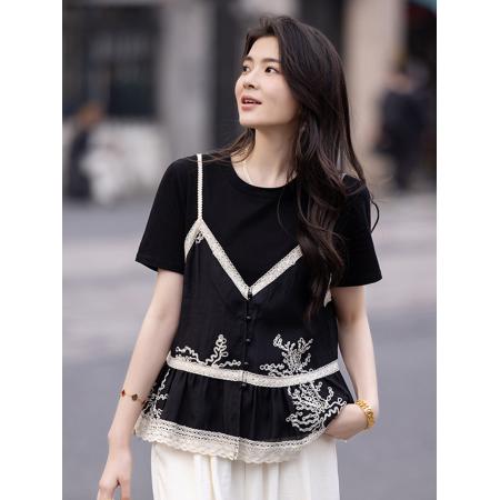 BY23460# 假两件拼接蕾丝打底衫t恤女夏季休闲短袖上衣 服裝批發女裝批發服飾貨源