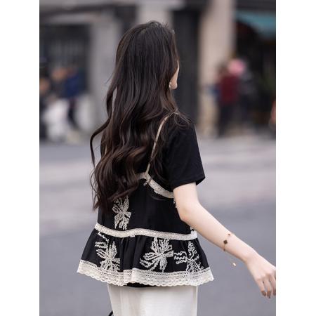 BY23460# 假两件拼接蕾丝打底衫t恤女夏季休闲短袖上衣 服裝批發女裝批發服飾貨源