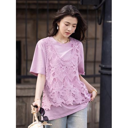 BY23461# 时尚蕾丝T恤女夏季新款短袖上衣气质女装 服裝批發女裝批發服飾貨源