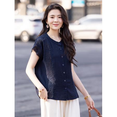 BY23462# 法式蕾丝镂空棉麻亚麻短袖衬衫女夏季小衫 服裝批發女裝批發服飾貨源