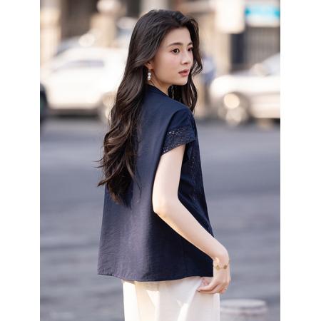 BY23462# 法式蕾丝镂空棉麻亚麻短袖衬衫女夏季小衫 服裝批發女裝批發服飾貨源