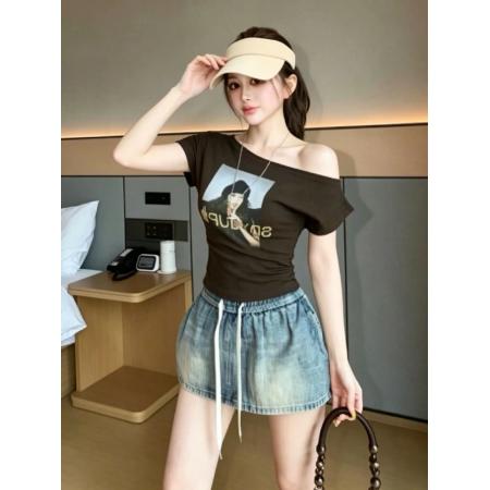 BY23466# 夏季新款休闲显瘦一字肩印花短袖T恤女 服裝批發女裝批發服飾貨源