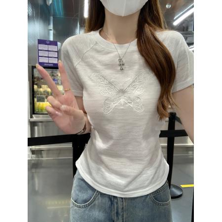 BY23469# 提花短袖t恤女装夏季新款设计感刺绣花修身圆领上衣 服裝批發女裝批發服飾貨源