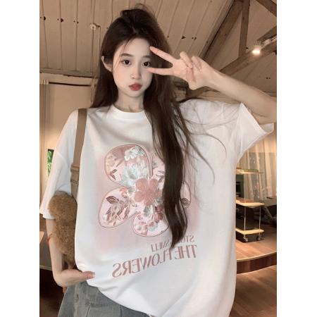 BY23471# 爽棉短袖t恤夏潮正肩趣味印花中长圆领上衣韩版女装 服裝批發女裝批發服飾貨源