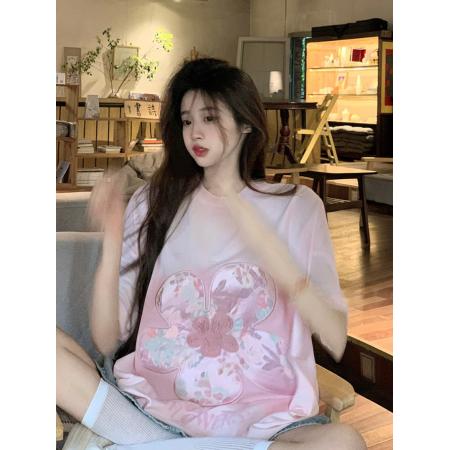 BY23471# 爽棉短袖t恤夏潮正肩趣味印花中长圆领上衣韩版女装 服裝批發女裝批發服飾貨源