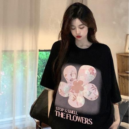 BY23471# 爽棉短袖t恤夏潮正肩趣味印花中长圆领上衣韩版女装 服裝批發女裝批發服飾貨源