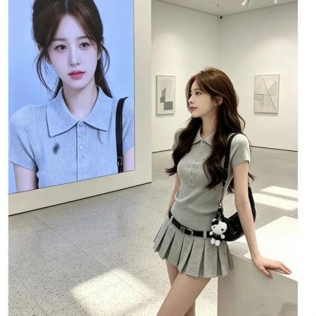 BY23476# 新款高级套装女韩系POLO领灰色针织上衣+半身裙两件套 服裝批發女裝批發服飾貨源