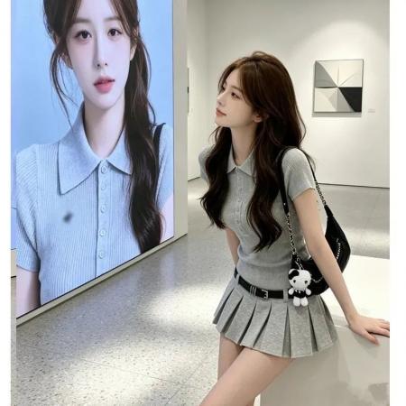 BY23476# 新款高级套装女韩系POLO领灰色针织上衣+半身裙两件套 服裝批發女裝批發服飾貨源