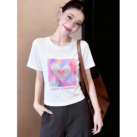 BY23483# 夏季新款韩版时尚爱心烫钻T恤气质简约短袖圆领百搭上衣 服裝批發女裝批發服飾貨源