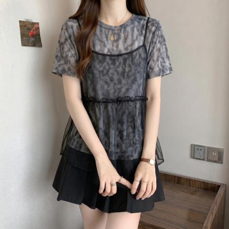 BY23486# 胖MM夏季新款豹纹短袖T恤荷叶边假两件上衣 服裝批發女裝批發服飾貨源