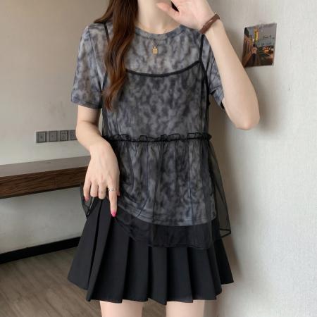 BY23486# 胖MM夏季新款豹纹短袖T恤荷叶边假两件上衣 服裝批發女裝批發服飾貨源