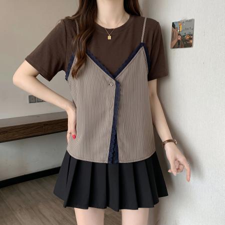 BY23487# 大码胖MM新款条纹拼接假两件短袖T恤女高端欧货显瘦上衣 服裝批發女裝批發服飾貨源
