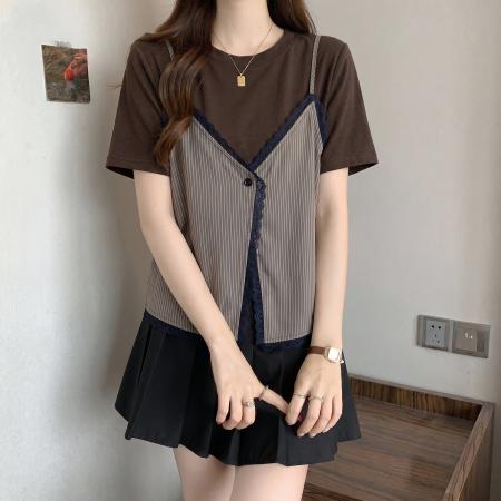 BY23487# 大码胖MM新款条纹拼接假两件短袖T恤女高端欧货显瘦上衣 服裝批發女裝批發服飾貨源