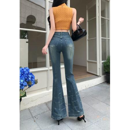 BY23490# 新铆钉微喇复古长裤百搭弹力修身喇叭裤牛仔裤女 服裝批發女裝批發服飾貨源