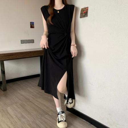 BY23493# 大码胖MM夏季新款圆领收腰扭结无袖下摆开衩长款连衣裙 服裝批發女裝批發服飾貨源