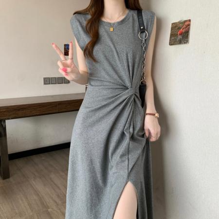 BY23493# 大码胖MM夏季新款圆领收腰扭结无袖下摆开衩长款连衣裙 服裝批發女裝批發服飾貨源