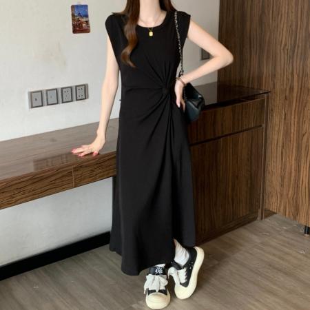 BY23493# 大码胖MM夏季新款圆领收腰扭结无袖下摆开衩长款连衣裙 服裝批發女裝批發服飾貨源