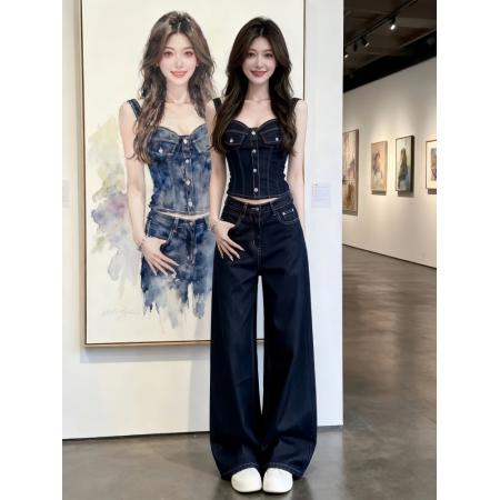 BY23494# 夏季小个子独特漂亮穿搭一整套气质牛仔吊带上衣阔腿裤两件套装女 服裝批發女裝批發服飾貨源