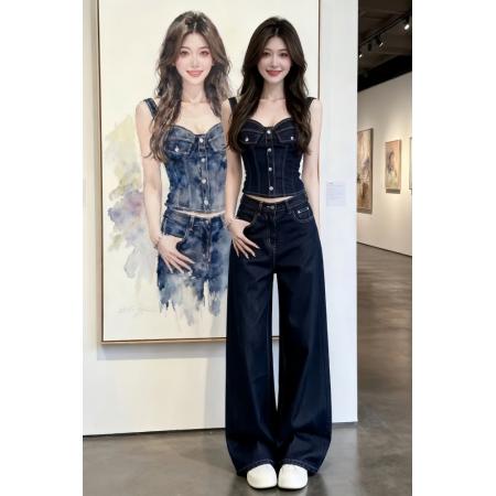 BY23494# 夏季小个子独特漂亮穿搭一整套气质牛仔吊带上衣阔腿裤两件套装女 服裝批發女裝批發服飾貨源
