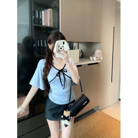 BY23497# 大码女装夏季韩系设计感v领喇叭袖绑带收腰上衣辣妹显瘦T恤 服裝批發女裝批發服飾貨源