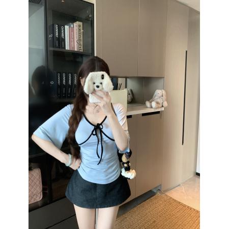 BY23497# 大码女装夏季韩系设计感v领喇叭袖绑带收腰上衣辣妹显瘦T恤 服裝批發女裝批發服飾貨源