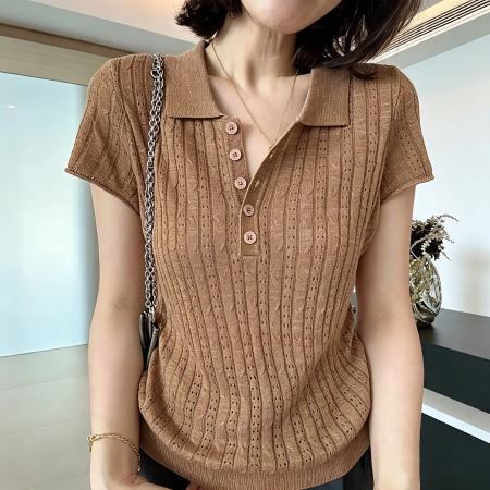 BY23506# 休闲polo领短袖t恤针织衫女夏季新款修身显瘦百搭上衣薄 服裝批發女裝批發服飾貨源
