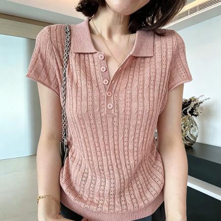 BY23506# 休闲polo领短袖t恤针织衫女夏季新款修身显瘦百搭上衣薄 服裝批發女裝批發服飾貨源