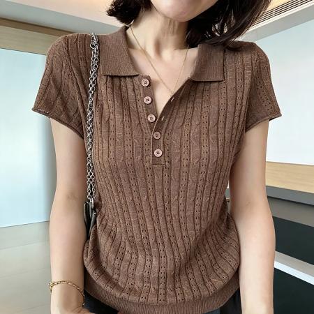 BY23506# 休闲polo领短袖t恤针织衫女夏季新款修身显瘦百搭上衣薄 服裝批發女裝批發服飾貨源