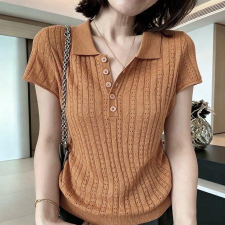 BY23506# 休闲polo领短袖t恤针织衫女夏季新款修身显瘦百搭上衣薄 服裝批發女裝批發服飾貨源