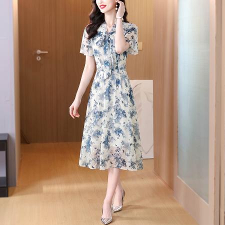 BY23507# 法式优雅碎花雪纺连衣裙女夏季新款气质收腰a字裙子 服裝批發女裝批發服飾貨源