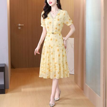 BY23510# 法式优雅V领印花连衣裙女夏季新款气质收腰中长裙子 服裝批發女裝批發服飾貨源