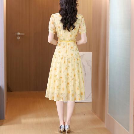 BY23510# 法式优雅V领印花连衣裙女夏季新款气质收腰中长裙子 服裝批發女裝批發服飾貨源