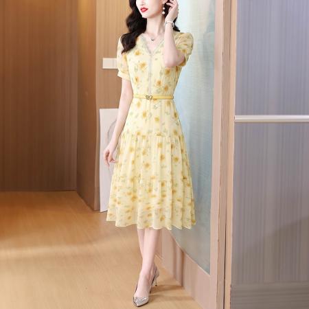 BY23510# 法式优雅V领印花连衣裙女夏季新款气质收腰中长裙子 服裝批發女裝批發服飾貨源