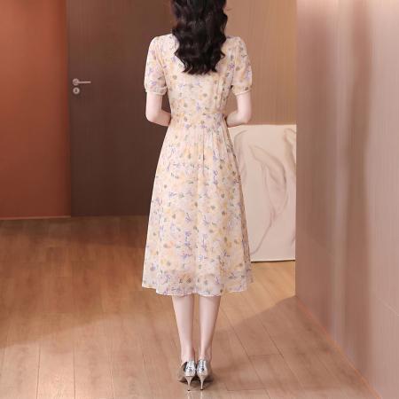 BY23513# 法式V领碎花雪纺连衣裙女新款夏季短袖减龄中长裙子 服裝批發女裝批發服飾貨源