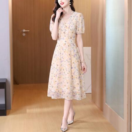 BY23513# 法式V领碎花雪纺连衣裙女新款夏季短袖减龄中长裙子 服裝批發女裝批發服飾貨源