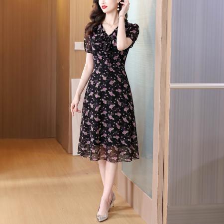 BY23514# 法式优雅气质碎花连衣裙女夏季新款v领收腰中长裙子 服裝批發女裝批發服飾貨源